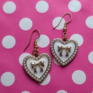 Gold and White Valentine's Day Heart Earrings with Bow Design